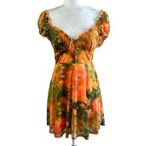 Urban Outfitters Audrey Mesh Lettuce Hem Y2K Style Orange Floral Dress